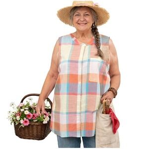 CROFT & BARROW Size XL 100% Cotton Button Up Sleeveless Plaid Tunic Blouse